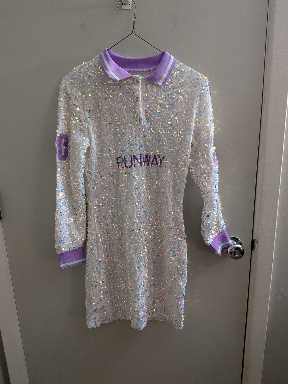 Sequin 'RUNWAY' Polo Dress with Lavender Trim Women's Small Costume Dress Up EUC